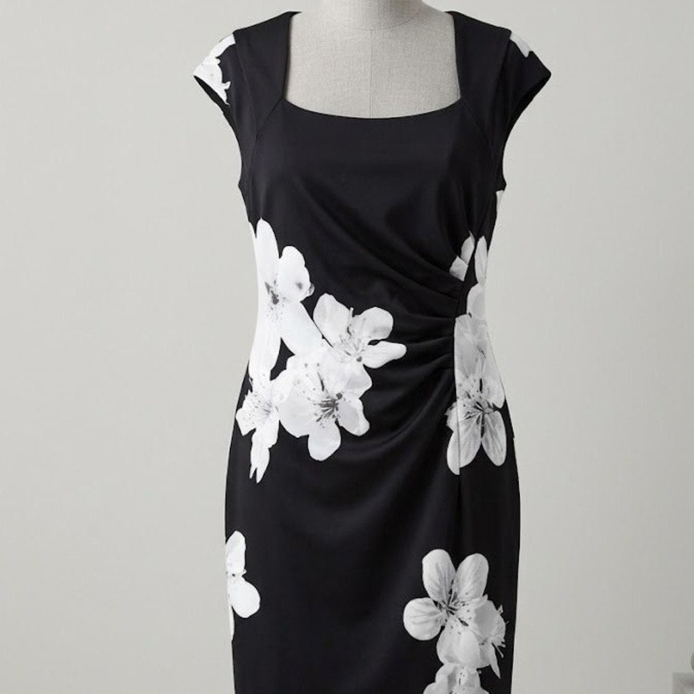 Calvin Klein Black & White Floral Ruched Sheath Occasion Dress - Size 14